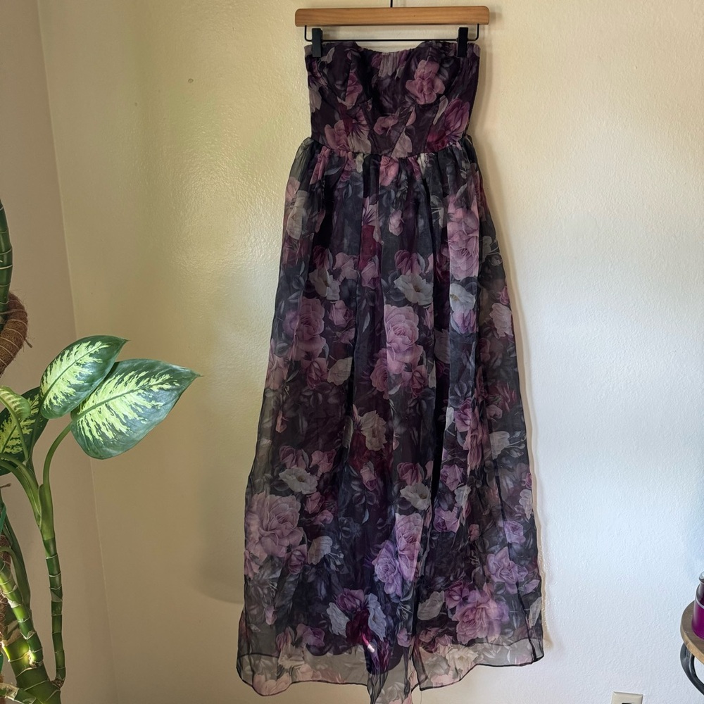 Lulus | Wonderful Waltz Purple Floral Print Strapless Bustier Maxi Dress - Picture 2 of 8